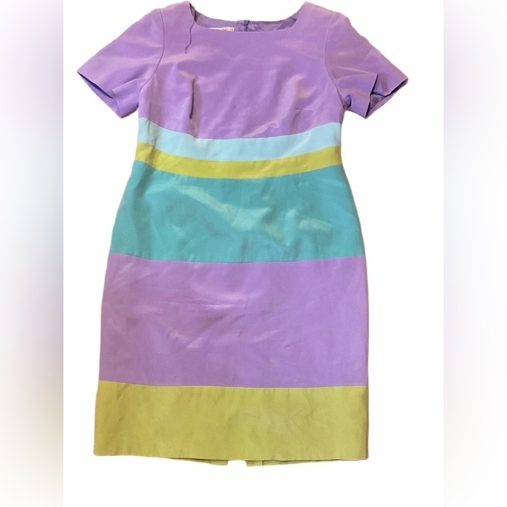 Vintage maggy London pastel color block Colorful Striped Dress shortsleeved silk